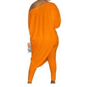 2 Piece Outfits Solid Orange Off Shoulder Size Large